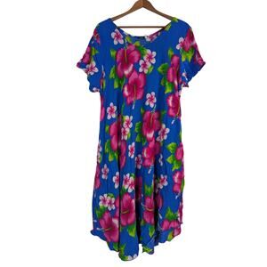 Hawaiian Dress Muumuu Bright Floral Blue Pink Kaftan  Beachy Large Aloha Fashion